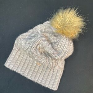 Free People Lilac Knit Brushed Beanie with Brown Fur Pom Pom